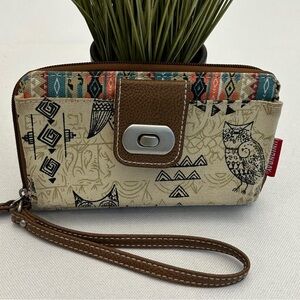 UNIONBAY Owl Motif Wristlet Wallet w/ Zip Around Closure & Turn Lock. 6.75”x4”